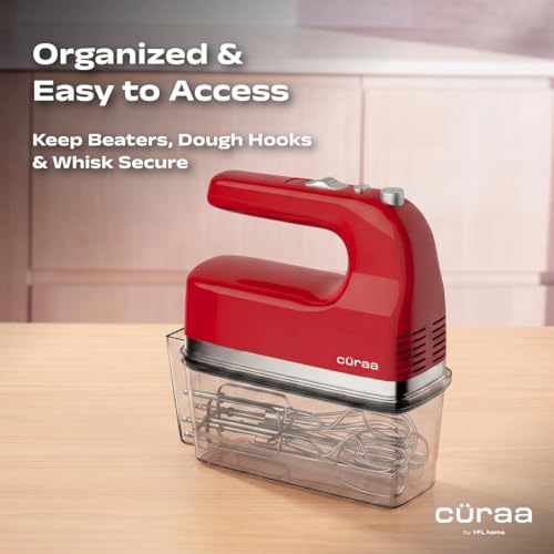 Image of Curaa Hand Mixer 300 Watts for Baking | 5 Speed Control with Turbo Mode | Electric Egg Beater with Whisk & Dough Hooks | Handheld Mixer for Cake, Cream, Dough, Buttermilk & Whipping | Red