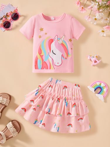 Image of Little Girls Skirt Set - 2 Piece Short Sleeve Top Shirred Tiered Skirt Outfit Girls Spring Summer Clothes 3-8 Years