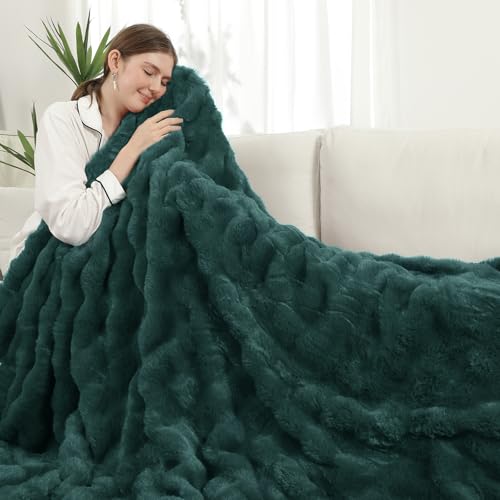 Heated Blanket Full Size Flannel & Faux Rabbit Fur Bubble Fleece Electric Throw Blanket 6 Heat Settings 1-10 Hour Auto-Off Overheat Protection ETL Certified 72 x 84 Machine Washable Deep Green