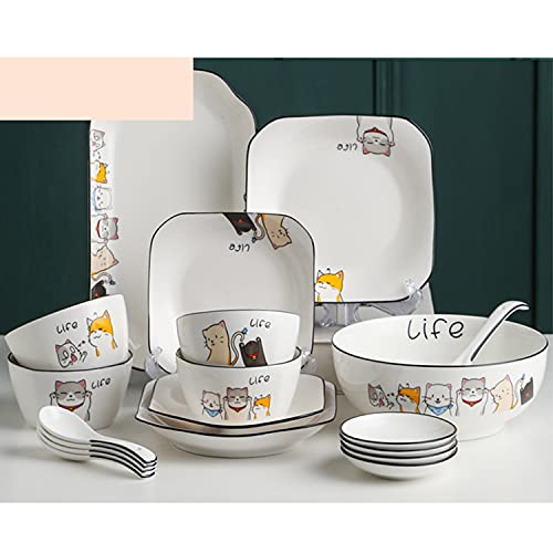 TINGCHAO Cena Placas Pasta Bowls Ensalada Porcelana Patrón de Gato de Dibujos Animados Lindo único de 19 para Sopa Plato de Sopa de tazón de cerámica para microondas Cover