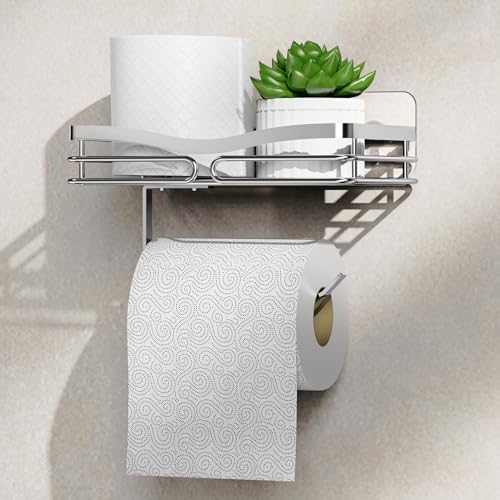 ZUNTO Portarrollos de Papel Higiénico con Estante, Portarrollos Adhesivo o Perforación de Baño, Acero Inoxidable, Plateado