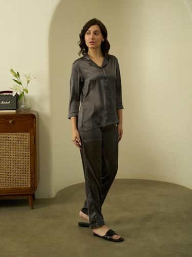 Image of STORIES OF BANNO'S SWAGGER Women Satin Solid Night Suit Set | Premium Soft Satin Nightwear Pajama Set | Stylish Comfortable Sleepwear for Ladies | Elegant Lounge Wear Night Dress