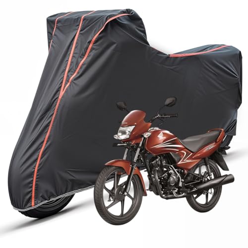 Image of Two Wheelers Bike Body Cover Compatible for Honda Dream Yuga, UV Resistant, Dustproof, Triple Stitched, Elastic Bottom, Red Piping Motorcycle Cover (Black, Pack of 1)