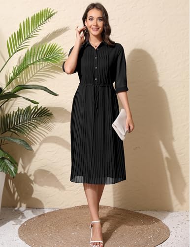 Women V Neck 3/4 Sleeve Pleated A-Line Dress with Belt Swing Midi Dresses for Spring Summer Autumn3