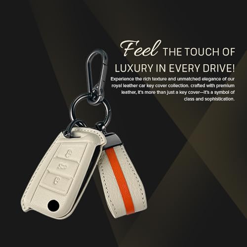 Image of Keyzone Royal Leather Key Cover for Virtus, Kylaq, Slavia, Kodiaq, Kushaq, Taigun, Tiguan, Octavia, Jetta, Superb, Karoq, T-ROC flip Key (Sunburst Orange)