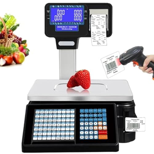 Oiyekntd Balance Commerciale avec Impression d'étiquettes et Double Affichage, capacité de 30 kg, Balance Alimentaire avec imprimante d'étiquettes et de Tickets de Caisse Machine+Scanner