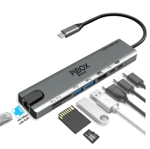 Image of pibox India USB C Hub Dock 8 in 1 Aluminum Type C Adapter with 4K HDMI Port, Ethernet 100mbps RJ45 Port, 2 USB 3.0 Ports, USB-C Power Delivery, TF /SD Card Reader, MacBook /Dell /Samsung USB C Devices