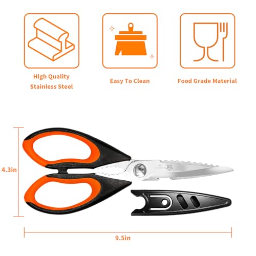 Image of Kitchen Scissors, Heavy Duty Shears with Safety Cover, Soft Grip, for Meat, Poultry, Herbs Cutting, Bottle and Jar Opener (Red & Orange)