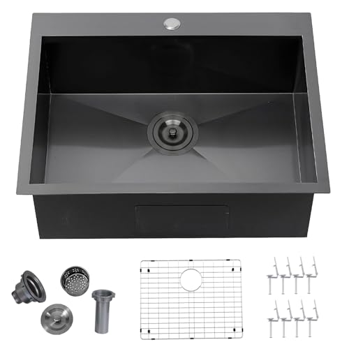 VALISY 25 x 22 Inch Black Kitchen Sink Topmount Drop In Stainless Steel Single Bowl Kitchen Sink 16 Gauge Extra-Thick Modern Bar Prep RV Laundry Sinks with Dish Grid and Basket Strainer