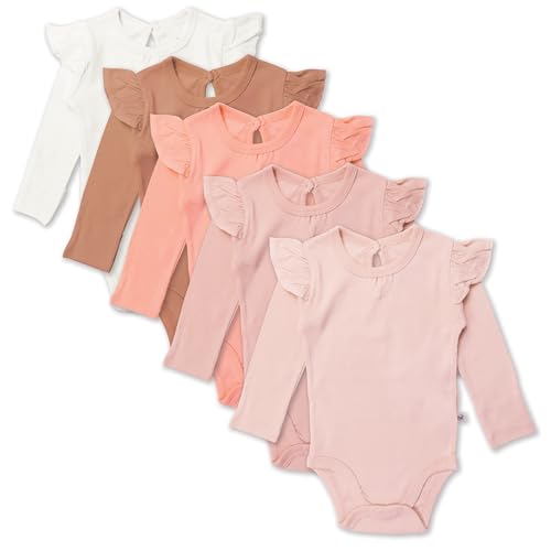 Image of HonestBaby Girls 5-Pack Long Sleeve Ruffle Bodysuit, Romantic Pink, 12 Months