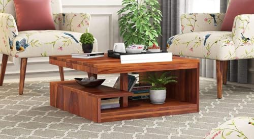 Image of Solid Sheesham Wood Coffee Table for Living Room | Wooden Center Table (Honey Finish 1, Square)