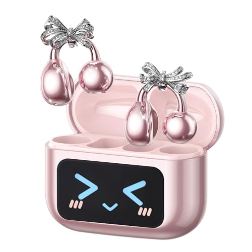 Image of PAXA Stylish Open Ear Clip On Earbuds with Removable Butterfly Earring, Clip On Headphones with LCD Touch Screen, Fashionables Open Ear Headphones for Women, Bow Tie Earring Rose Gold Earbuds M100