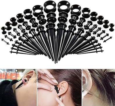 JJLFresheners 50Pcs Black Pieces Ear Stretching Kit, Acrylic Tapers Plugs and Silicone Tunnels, Ear Gauges Expander Set Body Piercing Jewelry for Women Men Christmas Birthday Gifts Piercing Jewelry3