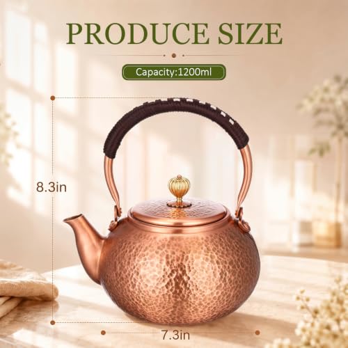 Image of Handmade Hammered Copper Tea Kettle for Stove Top, 1200 Ml / 1.3 Qt