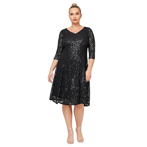 S.L. Fashions Women's Plus Size Sequin Lace Fit and Flare Dress, Black Solid, 16W