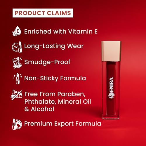 Image of ENIRA Blood Red Liquid Lipstick for Women | 4ml | Matte Liquid Lipstick | Waterproof | Transfer Proof | Smudge Proof | Long Lasting | Highly Pigmented | Vitamin E | Lightweight Non-Sticky Formula