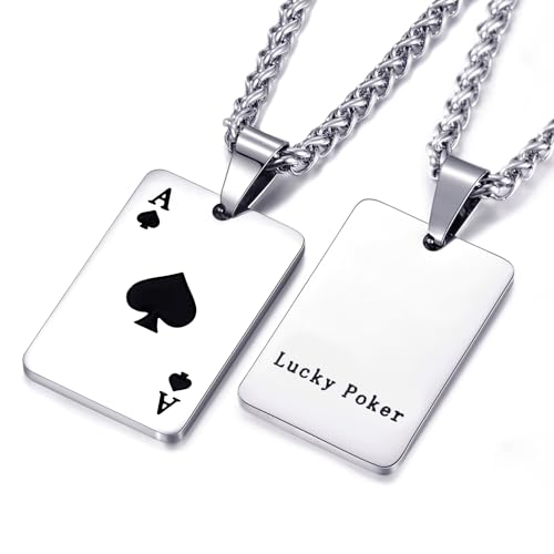 Ace Necklace for Men and Women Ace of Spades Heart Ace Poker Necklace 24 Inches Stainless Steel Chain