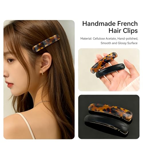 Pinzas para el cabello Oval Acetato, 2 unidades, Clips franceses vintage con diseño carey y negro, cierre metálico resistente antideslizante miniatura 3