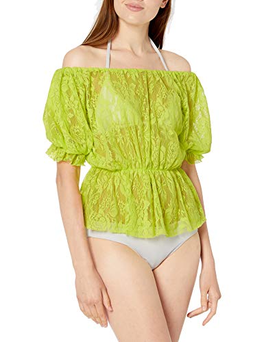 BCBGeneration Women's Off The Shoulder Tie Front Blouse Swimsuit Top and Cover Up, Citron//Neon Light, XX-Small