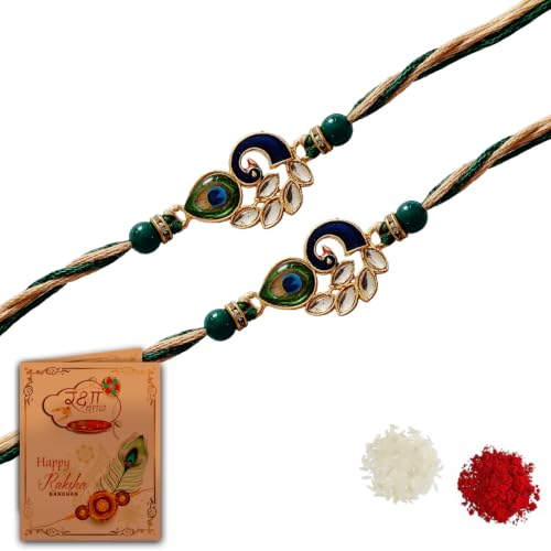 Image of Rakhi For Brother | Elegant Kundan Gold Plated Metal Rakhis For Brother Bhai Rakhi With Roli Chawal and Greeting Card (Set of 2 Rakhis)