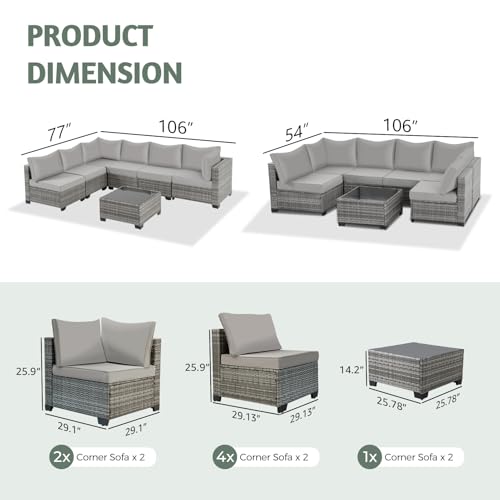 Hydragarden FRS-A2001NYGY 7 Pieces Outdoor Sectional Sofa Sets Rattan Wicker Patio Conversation Sets All Weather Patio Furniture Sets thumb #1