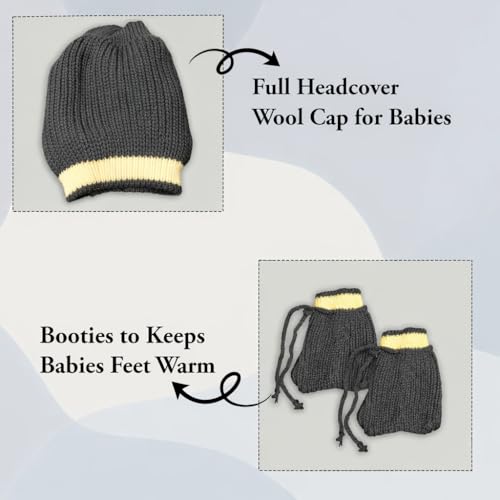Image of Baby Unisex New Born Baby Boys Girls Soft Comfortable Trendy Woolen Round Neck Stripe Sweater Set with Payjami, Cap and Pair of Booties for Toddlers