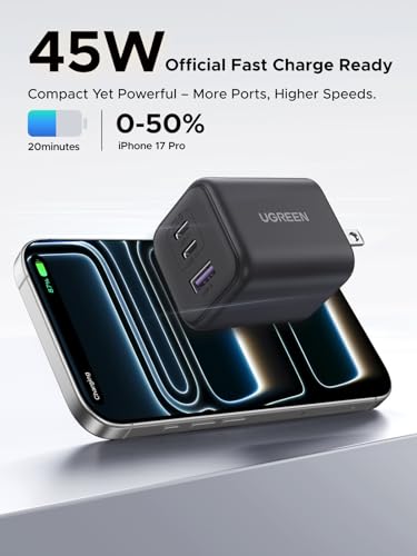 Image of UGREEN 45W USB C GaN Charger for iPhone 17, PPS 3 Port Super Fast Charger Block for iPhone 17 /16 /15 Pro Max, Galaxy S26 /S25 /S24 Ultra, Pixel, iPad, MacBook Neo /Air and More Series, Matte Black