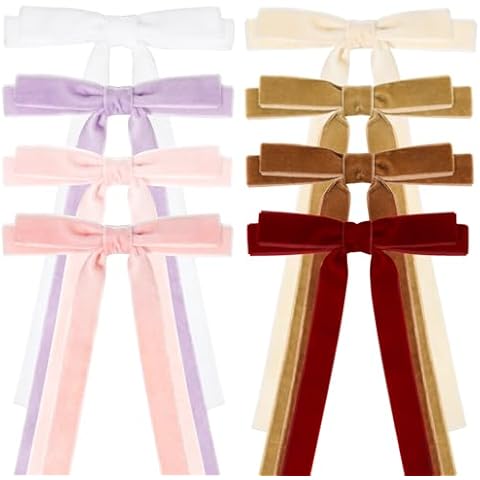 DEEKA 8Pcs Velvet Hair Bows Long Tail Bows for Women Classic Elegant Skinny Hair Clips with Long Tail Tassel Hair Ribbon Hair Accessories for Women and Girls (Beige, Pink, Brown) Cover
