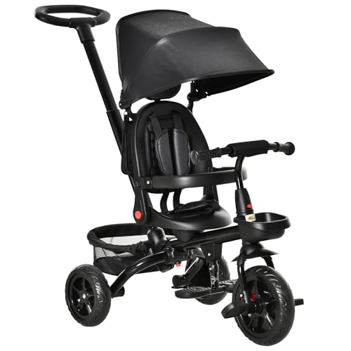 Qaba Kids Tricycle, 4 in 1 Foldable Trike with Reversible Seat, Adjustable Parent Handle, Safety Harness, Wheel Brakes, Removable Canopy, Storage, Tricycle for Toddlers 1-5 Years, Black