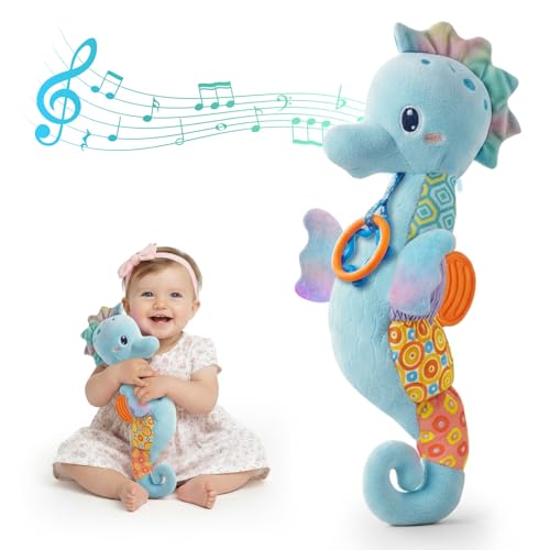 Jouets sensoriels pour bébé de 0 à 6 mois, hippocampe musical en peluche avec couleurs vives, textures multiples, hochets et papier sonore froissé, jouet doux pour nouveau-né garçons et filles de 0 à