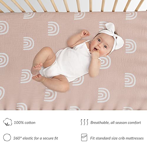 Meracorallo Muslin Fitted Crib Sheets, 2 Pack Soft Breathable Cotton Baby Crib Sheet, Boho Neutral Crib Sheet For Standard Crib And Toddler Mattress 28"X52" (Rainbow & Fog) #TOP2