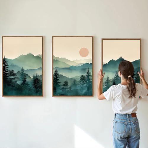 SIGNINART Large Boho Mountain Framed Canvas Wall Art Set, Nature Pine Tree Wall Painting, Abstract Foggy Forest Wall Decor, Modern Sunrise Art Prints for Bedroom Living Room and Office - 24"x36"x3 by SIGNINART - Used condition - Image 4
