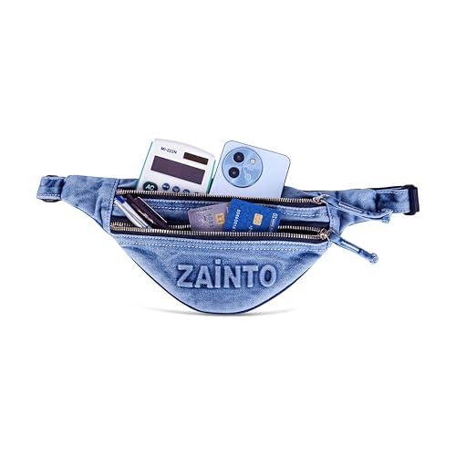 Image of Zainto Denim Waist Bag for Men & Women | Stylish Fanny Bag with Adjustable Strap | Premium Denim Material, Dual Zipper Crossbody Mini Bag