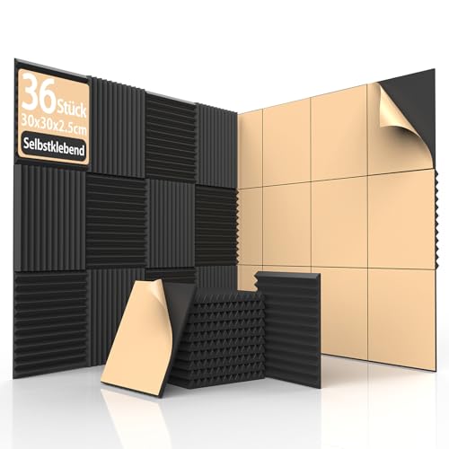 HERTBER 36 Stück Akustikschaumstoff, Schalldämmung Selbstklebend, 30 x 30 x 2.5cm Keil Akustikpaneele Selbstklebend, Schallschutzplatten für Tonstudio, Büro, Decke