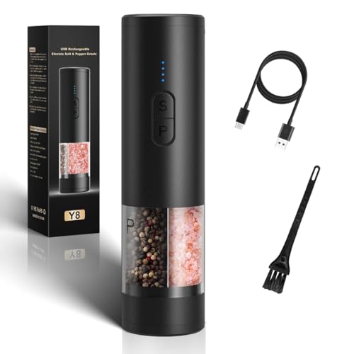 Moulin Double Électrique 2-en-1 pour Sel & Poivre–Rechargeable par USB avec Éclairage LED,Mouture Céramique Réglable & Grand Volume (Noir)