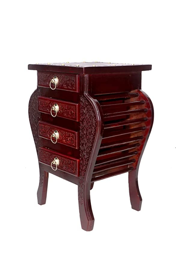 RESHUZ Carving Handmade Bedside Table with 4 Drawers Home Decor Furniture for Living Room & Bedroom Dark Brown Glossy Finish-image-47