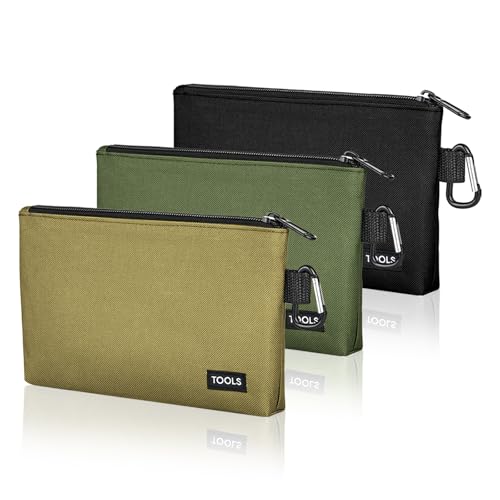 3 Pack Premium Tool Pouches Zipper Bag 8 in Small Tools Bags with Carabiner Heavy Duty Flat Bottom Utility Multipurpose Storage Organizer Bag for Tool Stationary Pencil (Tan Navy Green Black)