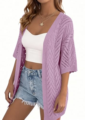 PRETTYGARDEN Women Lightweight Summer Short Sleeve Cardigan, Purple,S — view 3
