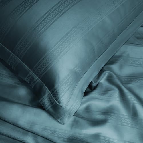 Image of Sassoon Artemis Italian Jacquard Weave Sateen Cotton Bedsheet - 400 TC, Cotton, Stripe Design, King Size (108 x 108 inches), Color: Ocean, Soft, Breathable, - 1 Bedsheet + 2 Pillow Covers