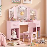 Clevich Schminktisch Kinder Set, 2 in 1 Prinzessin Frisiertisch mit Abnehmbarem Spiegel, Schreibtisch aus Holz mit Hocker & Aufbewahrungsbox, Schminktisch Mädchen, Schminktische für Kinder, Rosa