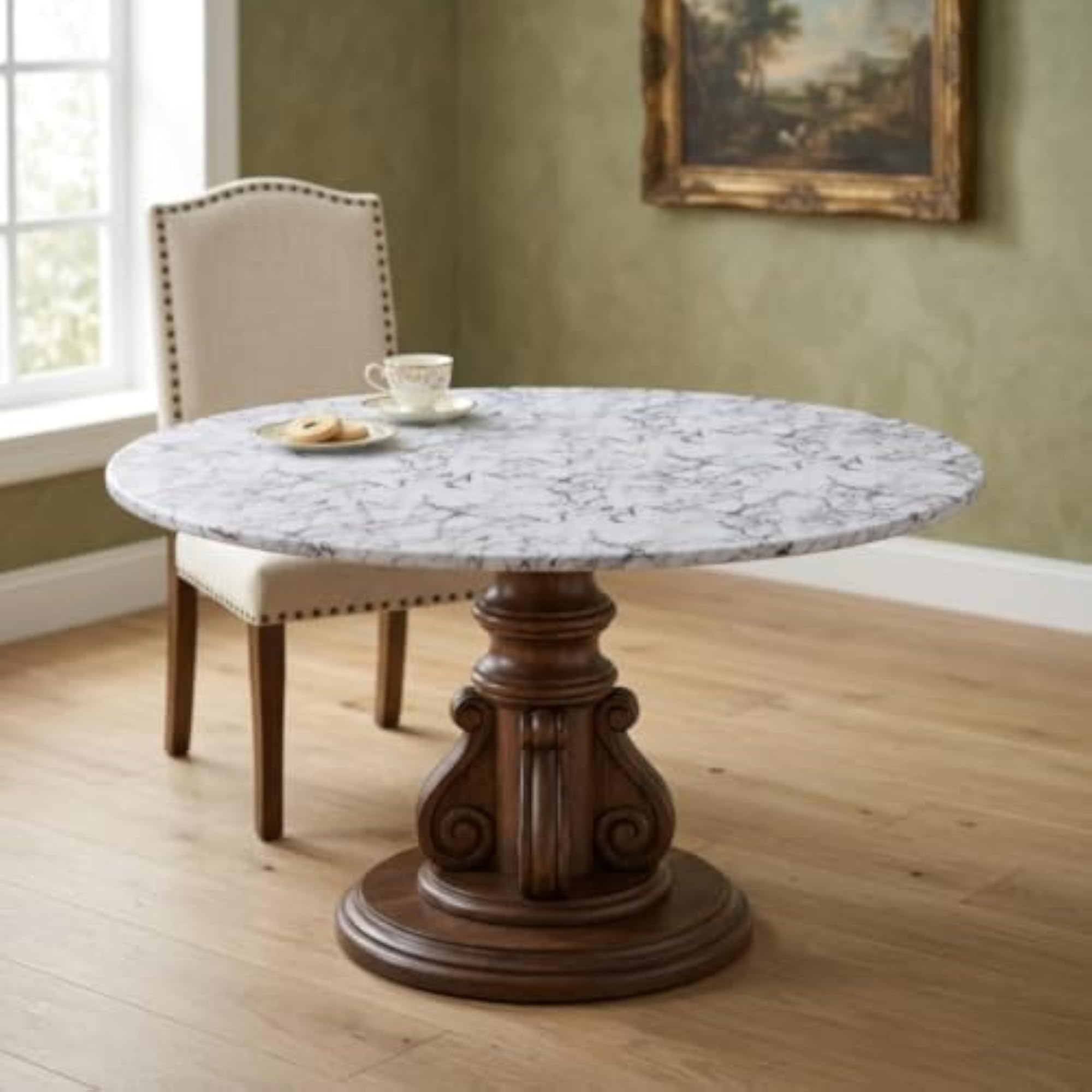 Marble-Print Round Fitted Tablecloth Water-Resistant