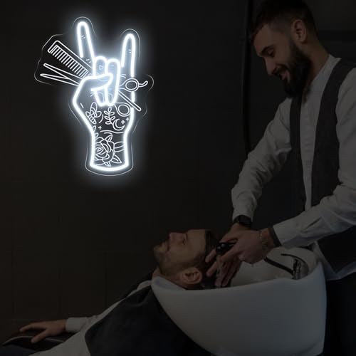 Image of Stylish Hand Holding Scissors and Comb Neon Sign Hair studio Led Light | USB Powered Dimmable Beauty Shop Neon Decor Salon Clipart Decor, Business Wall Decoration Sign 15.7 inchx11.8 inch