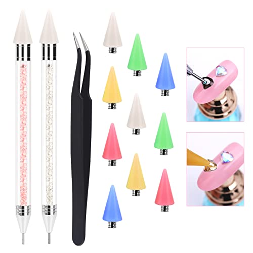 Nail Rhinestones Picker Dotting Pen,2 Pcs Dual-Ended Rhinestone Picker Wax Pen for Nail Gems Jewels Crystals Diamonds with Extra 10 Wax Tips and Tweezers,Nail Supplies for Nail Art DIY Decoration Tool