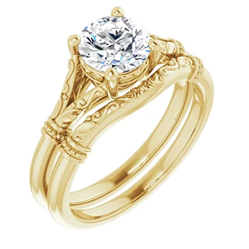 10K Solid Yellow Gold Handmade Engagement Ring 1.50 CT Round Cut Moissanite Diamond Solitaire Wedding/Bridal Ring Set for Women/Her, Awesome Ring Gift for Woman