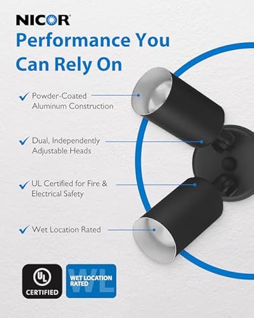 NICOR Lighting 100W Black Double Cylinder Adjustable Security Flood Light (11521)