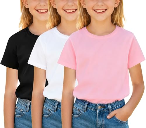 Yitoco 3 Pack Girls Short Sleeve T Shirts Kids Casual Crewneck Short Sleeve Summer Basic Tee Tops 5-16 Years (White/Black/Pink, 9-10 Years, YOSH01-W/B/Pk+3-140)