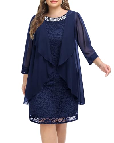 Plus Size Mother of The Bride Dress - 2 Piece Wedding Guest Formal Lace Dress with Jackets2