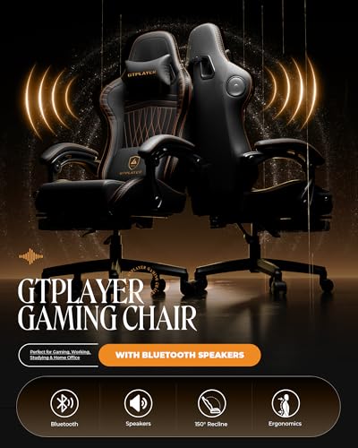 Image of GTPLAYER Gaming Chair with Speakers, Video Game Chairs with Footrest, PC Gamer Chairs for Adults - Padded High Back Ergonomic Reclining Silla Gamer, Linkage Armrest, Ace Pro, Black & Orange Stitch