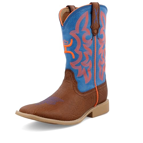 Twisted X Kid's Hooey Boot, New Wide Square Toe, Cognac Bullhide & Neon Blue (M 1-6), 1.5 M