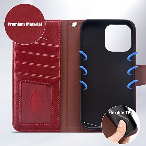 Arae Compatible With Iphone 14 Pro Max Case Wallet Flip Cover With Card Holder And Wrist Strap For Iphone 14 Pro Max 6.7 Inch-Wine Red #TOP6